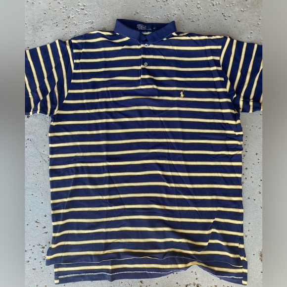 Polo by Ralph Lauren Vintage Pique Mesh Knit Polo Shirt Navy & Yellow Stripe XL - Picture 2 of 4